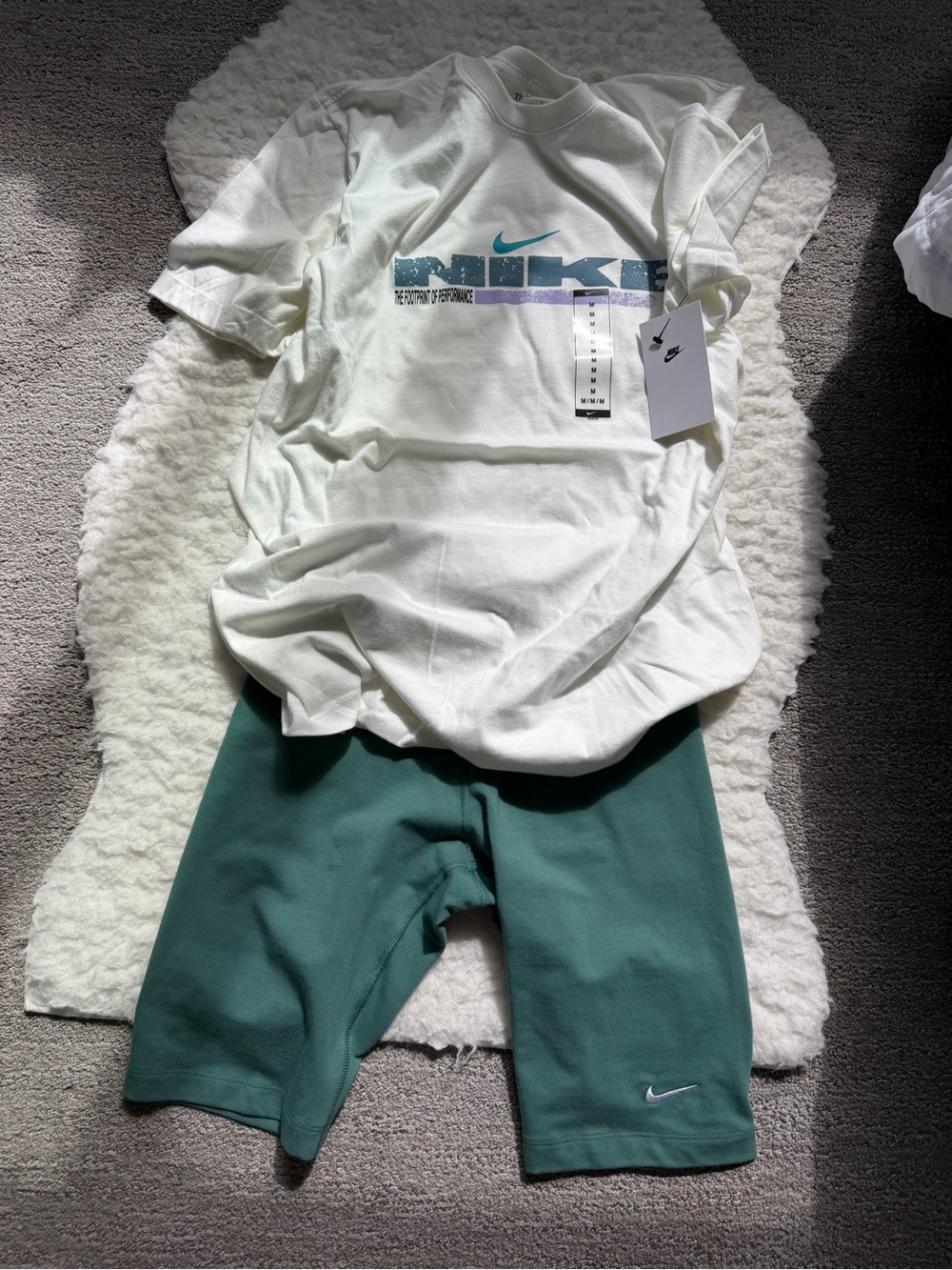 Nike White Tee with Teal & Purple Gradient Logo and Teal Shorts